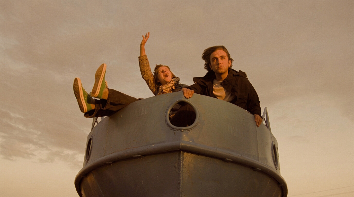Film still — two young men on the bow of a boat against a golden sky